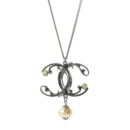 Chanel Pearl Beaded Enamel CC Long Necklace Black Silver 5 of 6