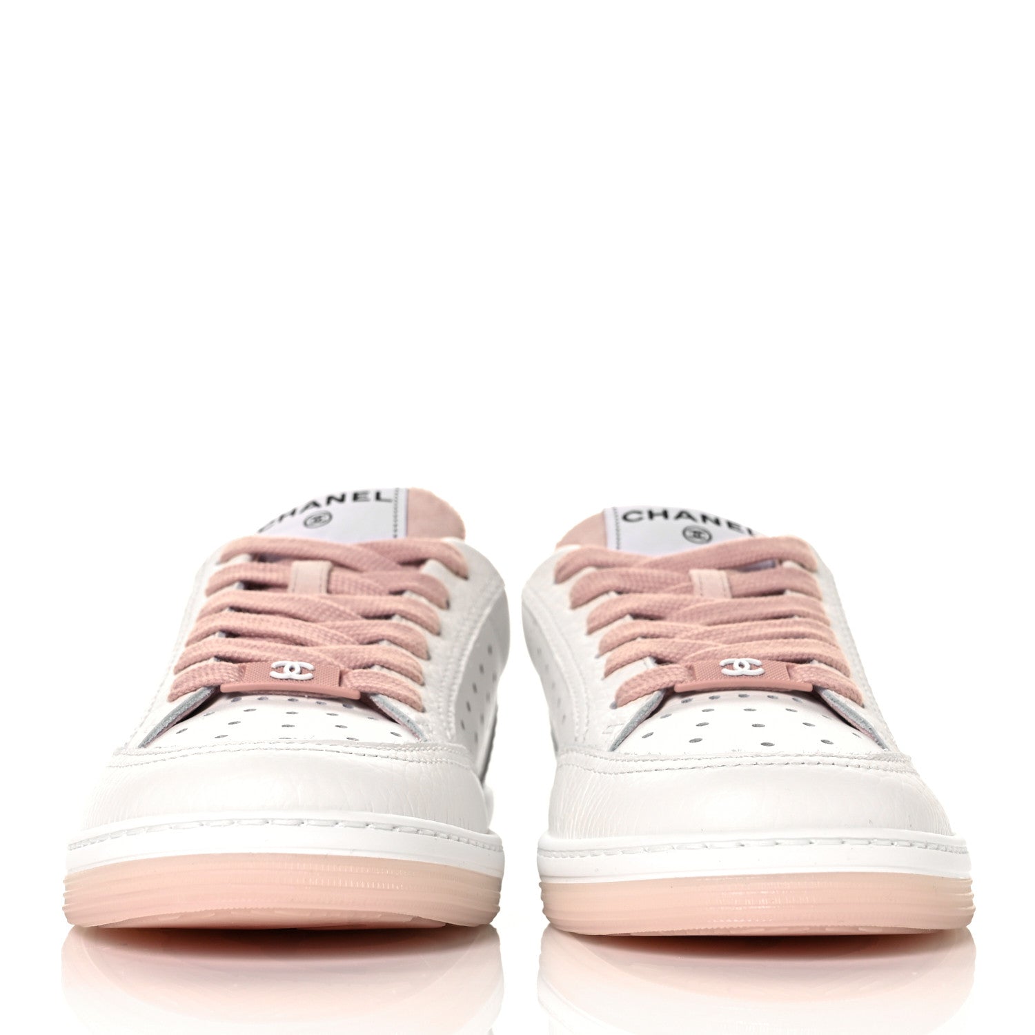 Chanel Grained Calfskin Fabric Womens Logo Sneakers 35.5 White Light Pink 2 of 10
