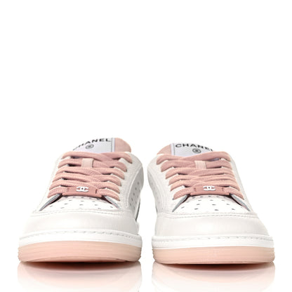 Chanel Grained Calfskin Fabric Womens Logo Sneakers 35.5 White Light Pink 2 of 10
