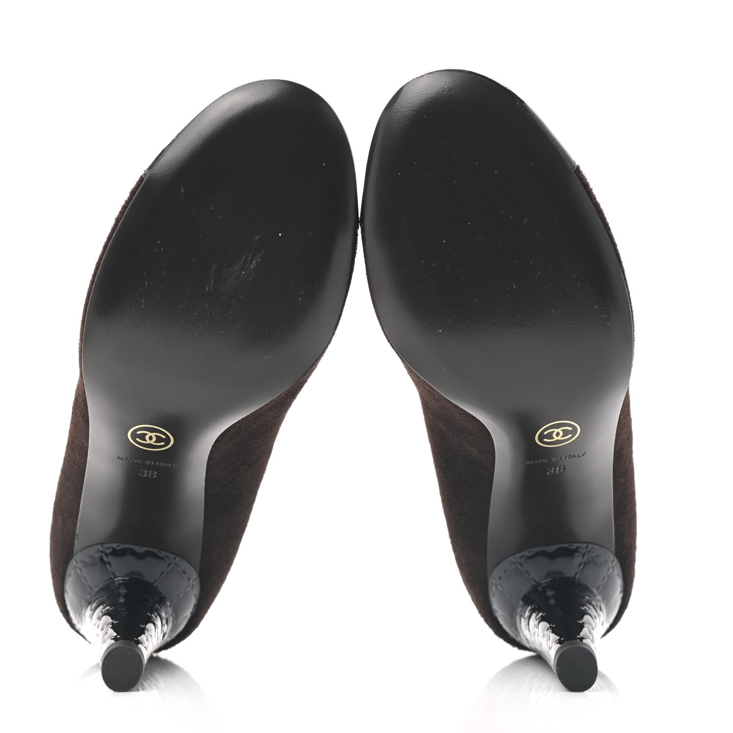 Chanel Kid Suede Patent Calfskin Cap Toe CC Pumps 38 Brown Black 5 of 8