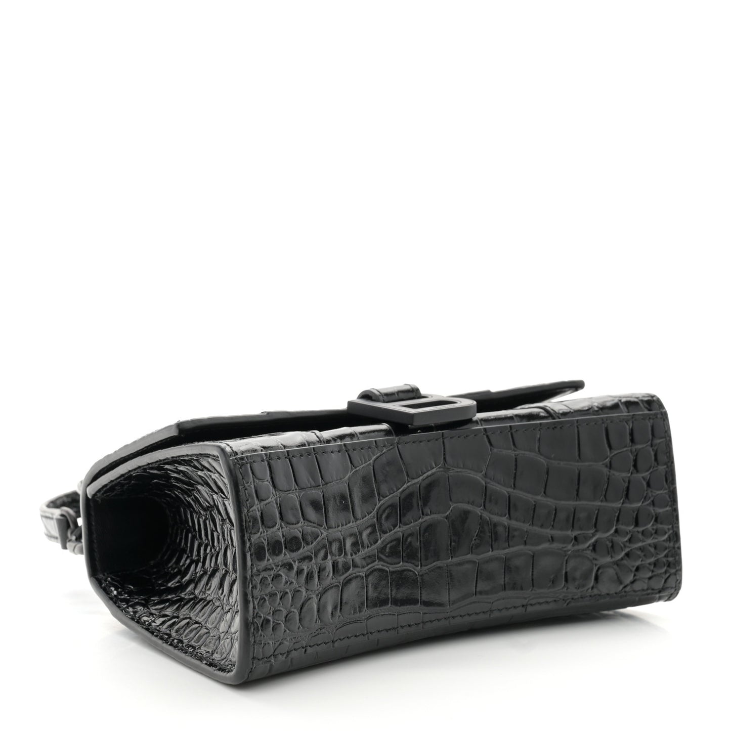 Shiny Calfskin Monochrome Crocodile Embossed Hourglass Top Handle Bag XS Black
