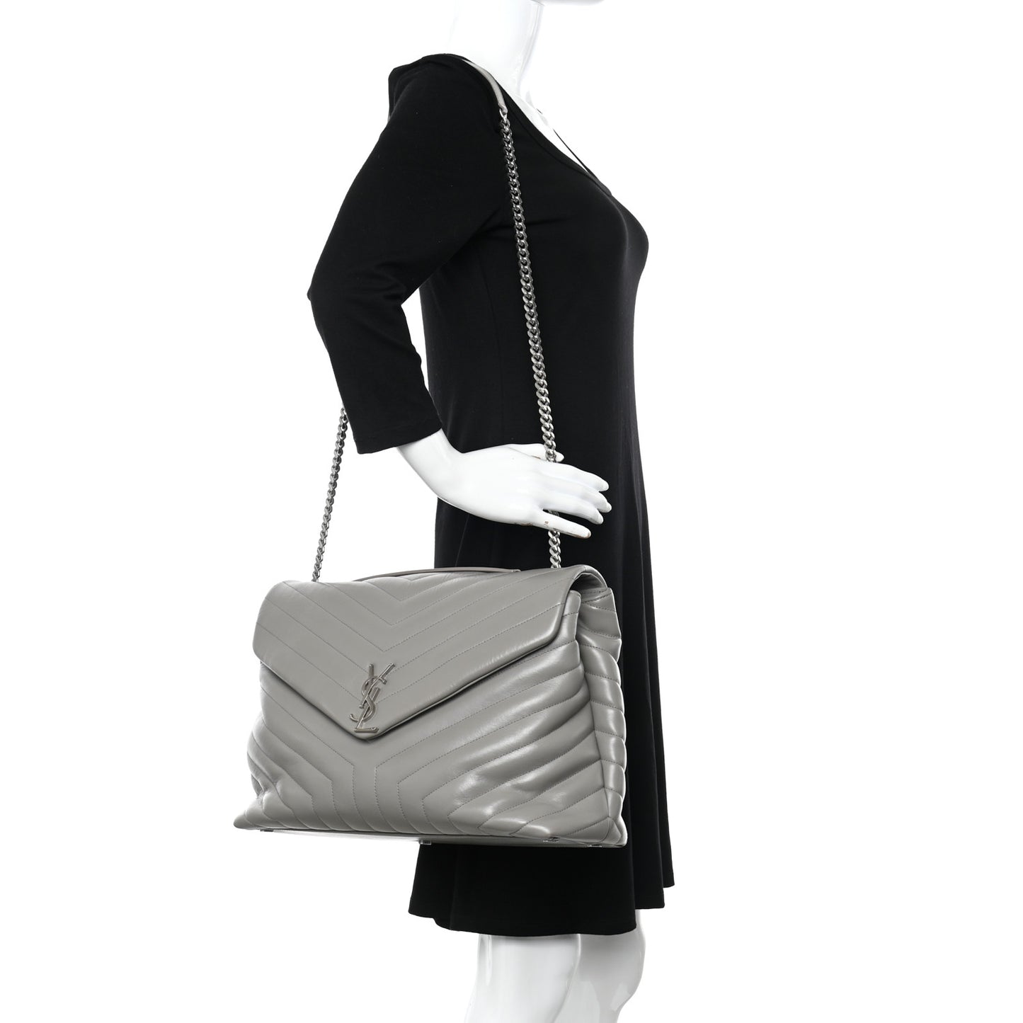 Calfskin Y Quilted Monogram Large Loulou Chain Satchel Light Grey