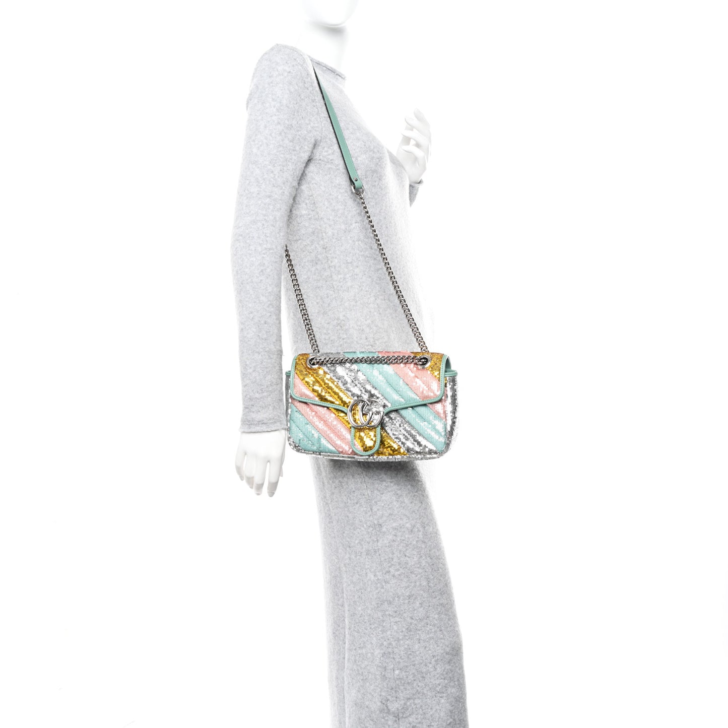 Sequin Satin Calfskin Matelasse Diagonal Small GG Marmont Shoulder Bag Grigio Argento Verde Chiaro Rosa Giallo Light Water Green