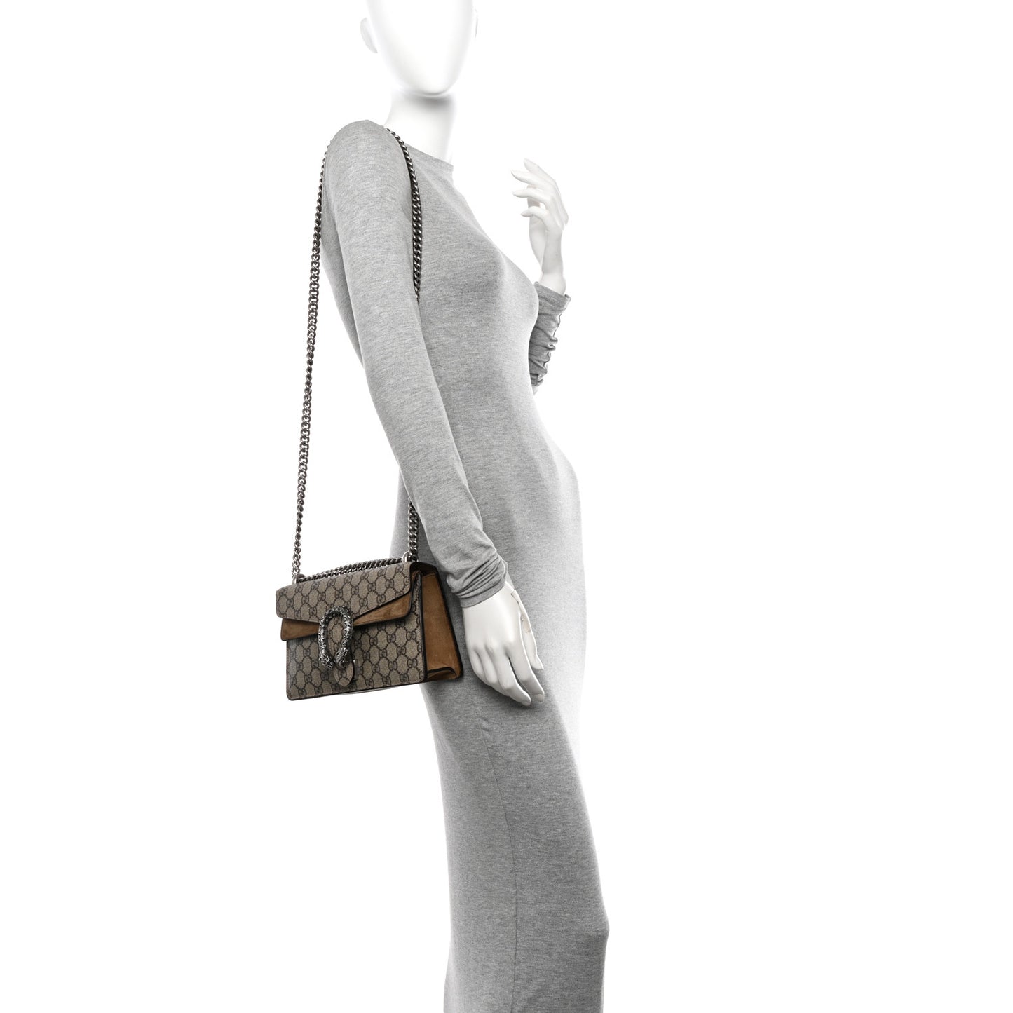 GG Supreme Monogram Suede Crystal Small Dionysus Shoulder Bag Beige Ebony Taupe