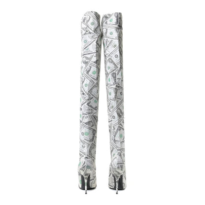 Balenciaga Dollar Printed Spandex Toe Knife Thigh High Boots 38 Vert 5 of 13