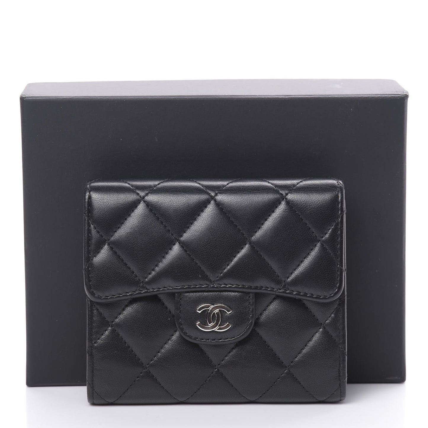 Lambskin Quilted Compact Flap Wallet Black