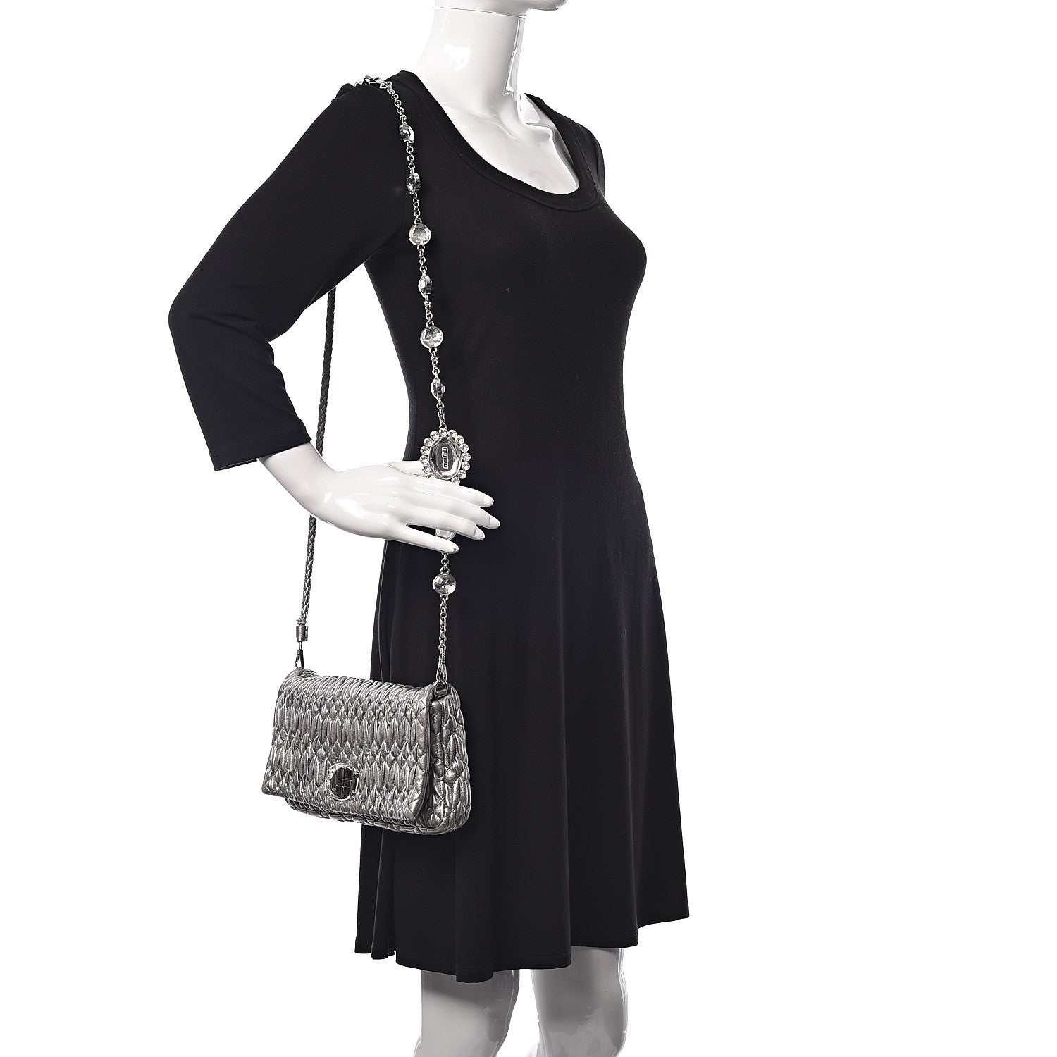 Miu Miu Metallic Nappa Matelasse Crystal Flap Clutch Cromo 2 of 10