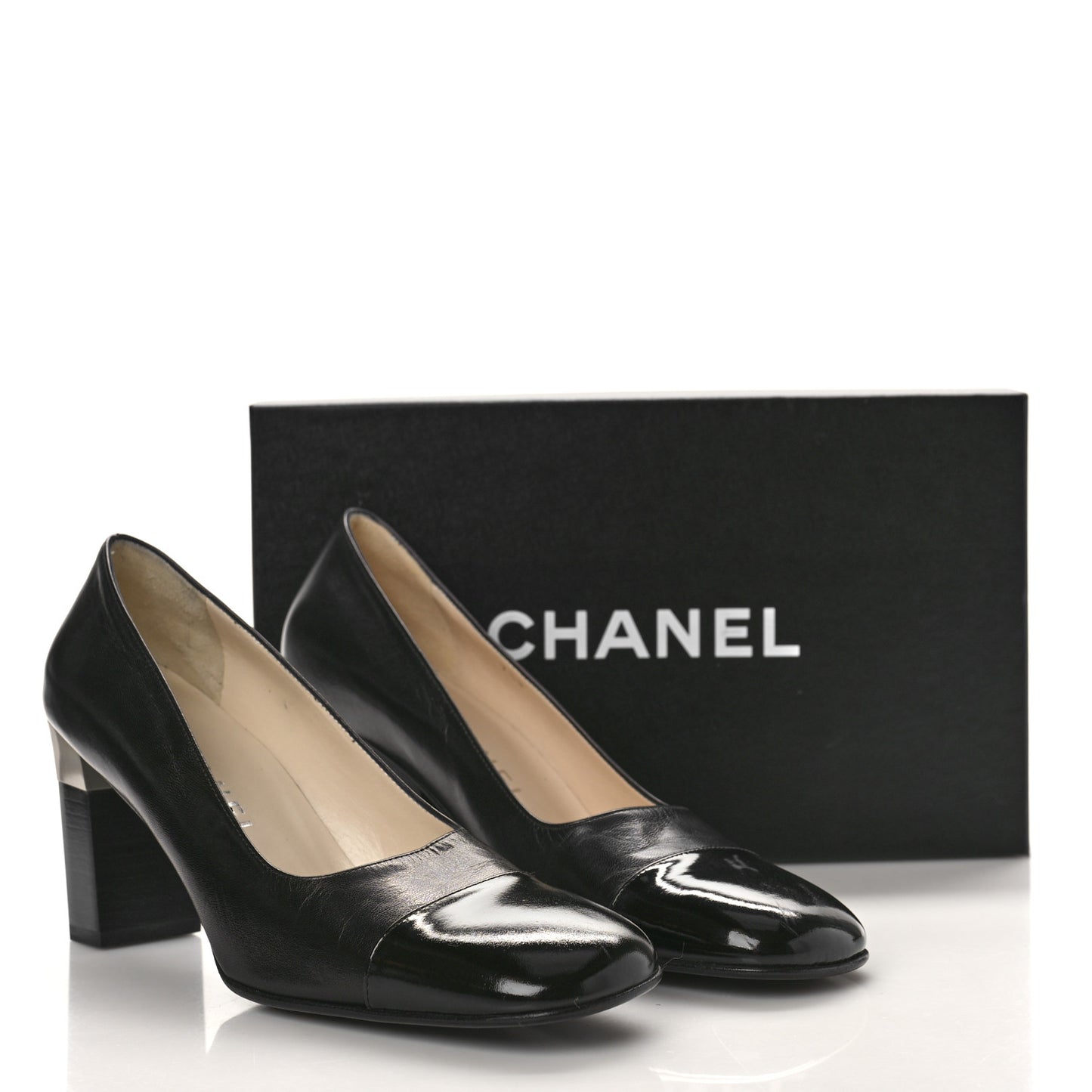 Lambskin Patent Cap Toe Pumps 37.5 Black