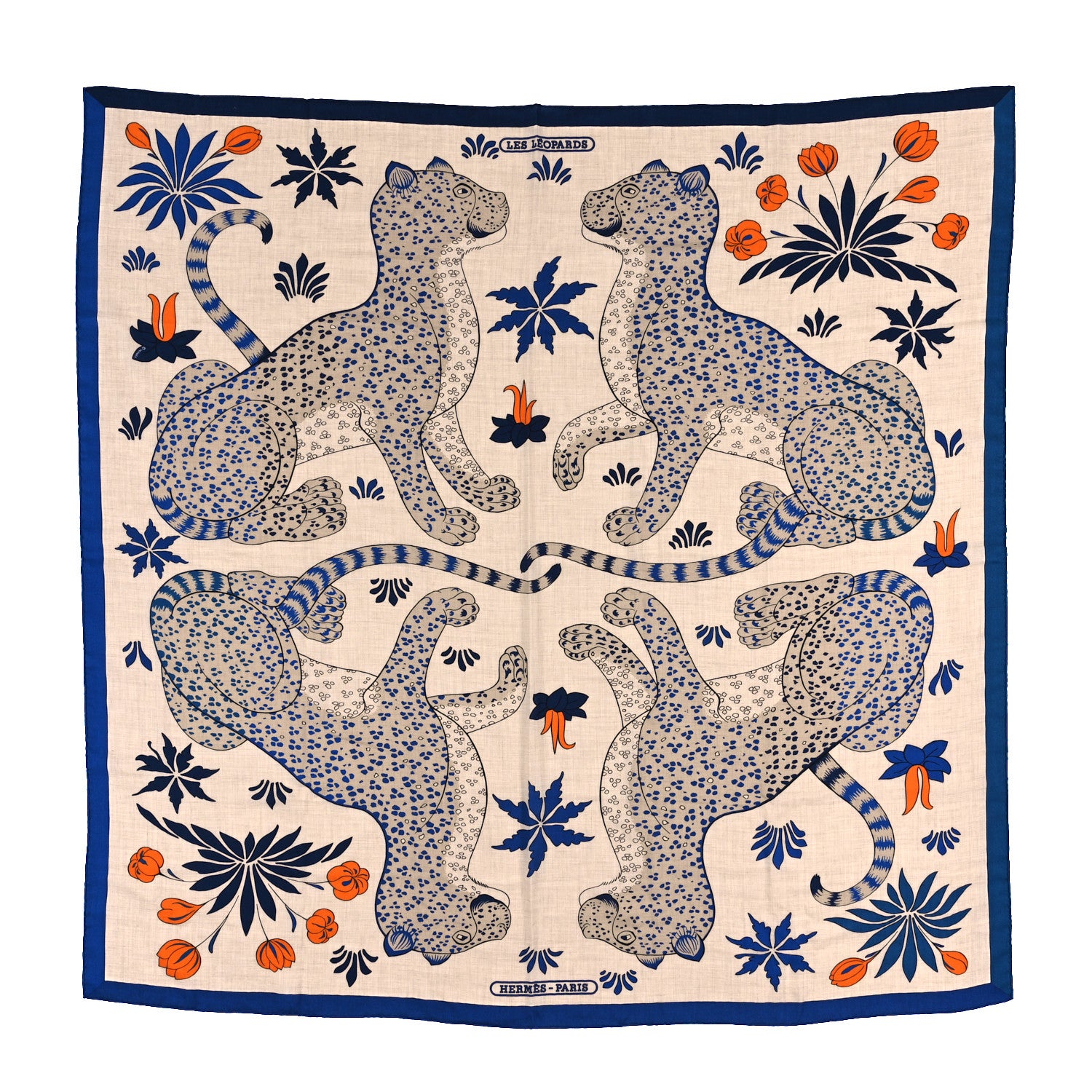 Hermes Cashmere Silk Les Leopards Shawl 140 Naturel Bleu Orange 1 of 5