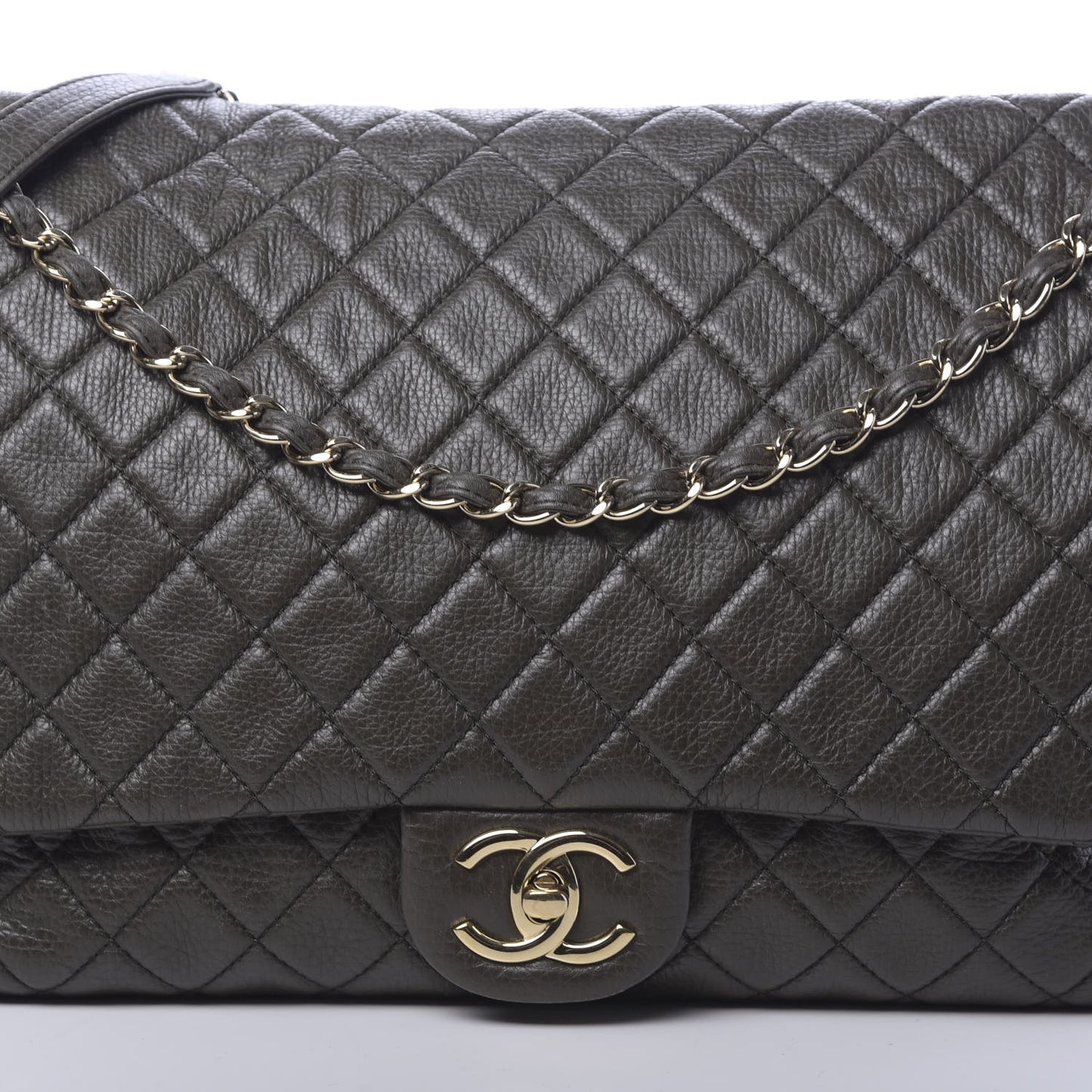 Metallized Calfskin Quilted XXL Travel Flap Bag Khaki