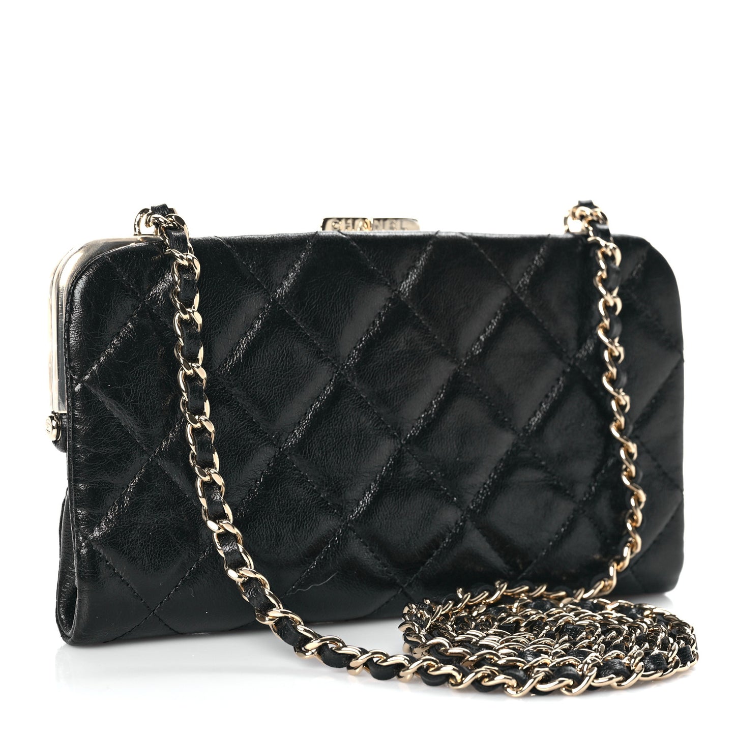 Lambskin Quilted Frame Clutch With Chain Black