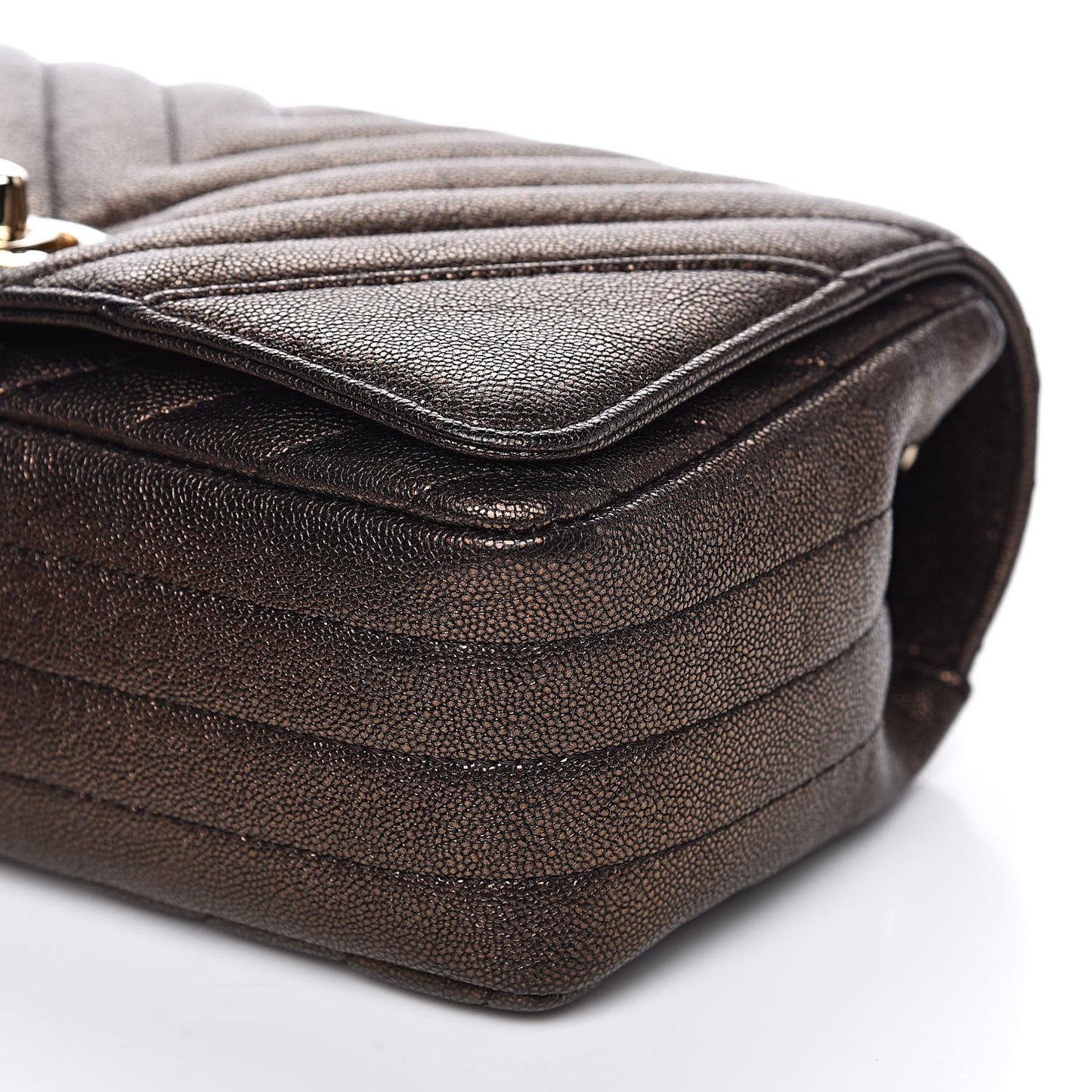Metallic Caviar Chevron Quilted Mini Statement Flap Bronze