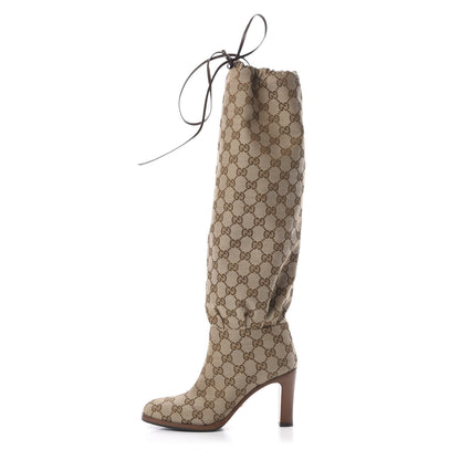 Gucci Monogram Malaga Kid Lisa Mid Heel Boots 35 Beige Ebony 1 of 6