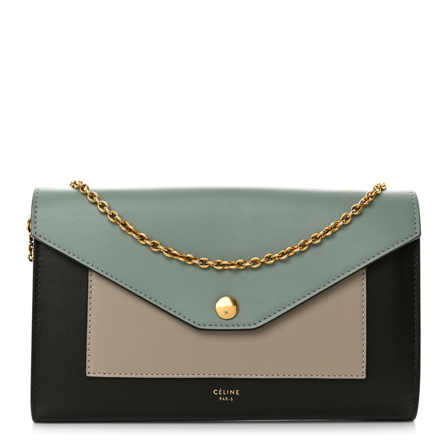 Smooth Calfskin Tri-Color Clutch on a Chain Jade