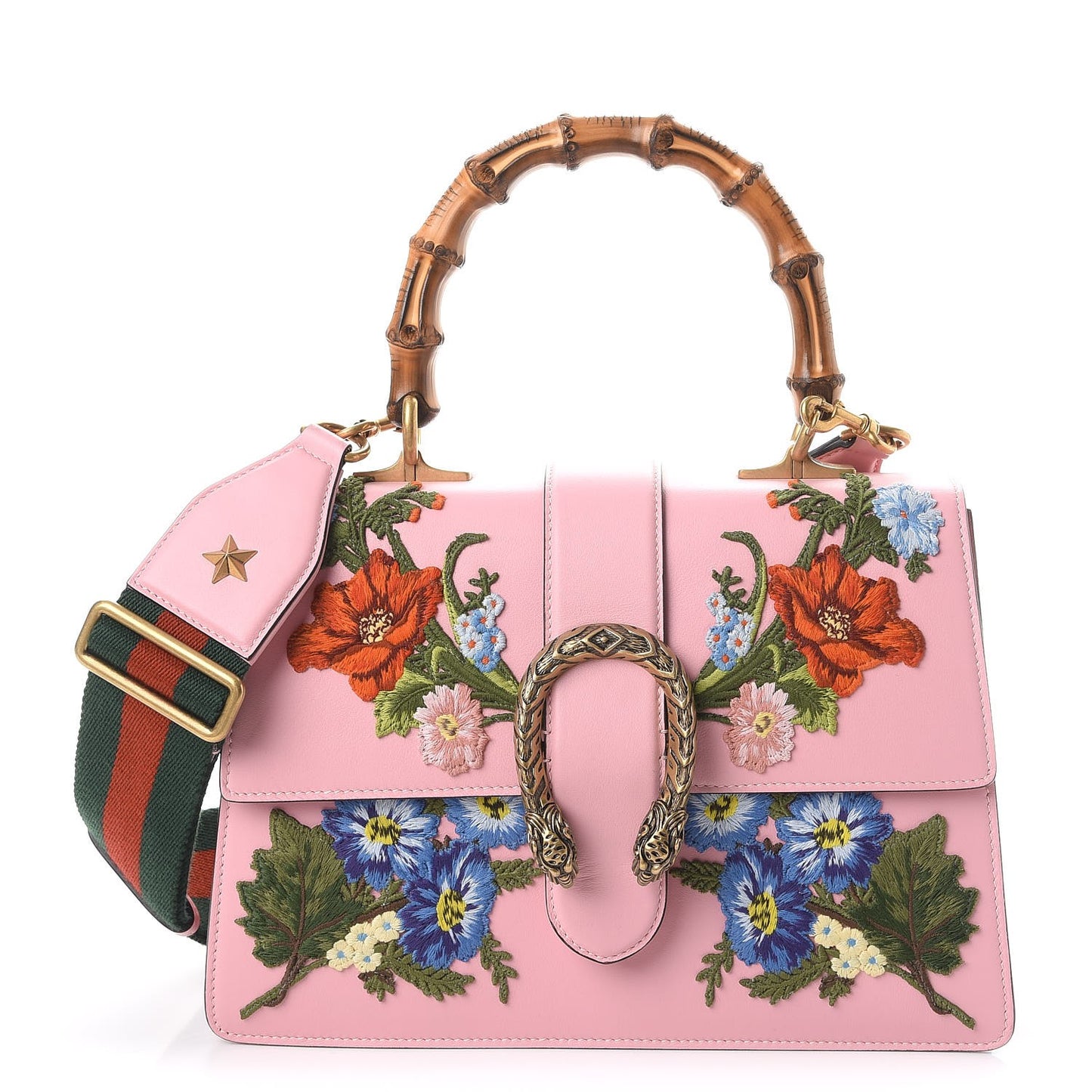 Calfskin Bamboo Web Embroidered Medium Dionysus Top Handle Bag Pink