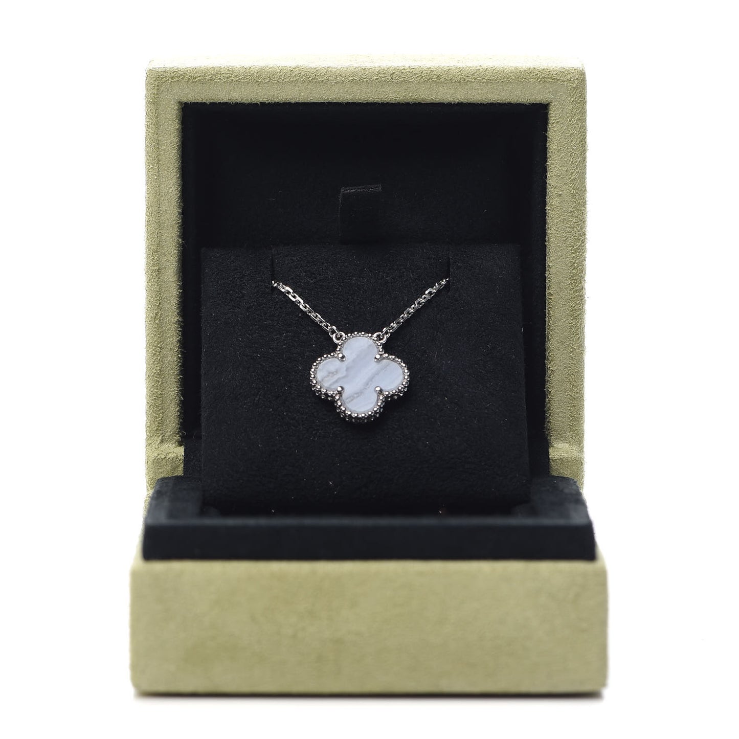 18K White Gold Chalcedony Vintage Alhambra Pendant Necklace