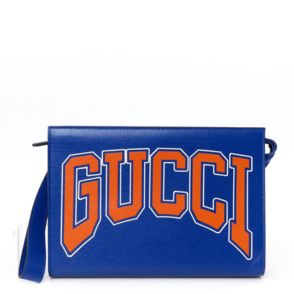 Gucci New Shanghai Calfskin Interlocking G Logo Wristlet Pouch Cobalt Blue Orange 1 of 10
