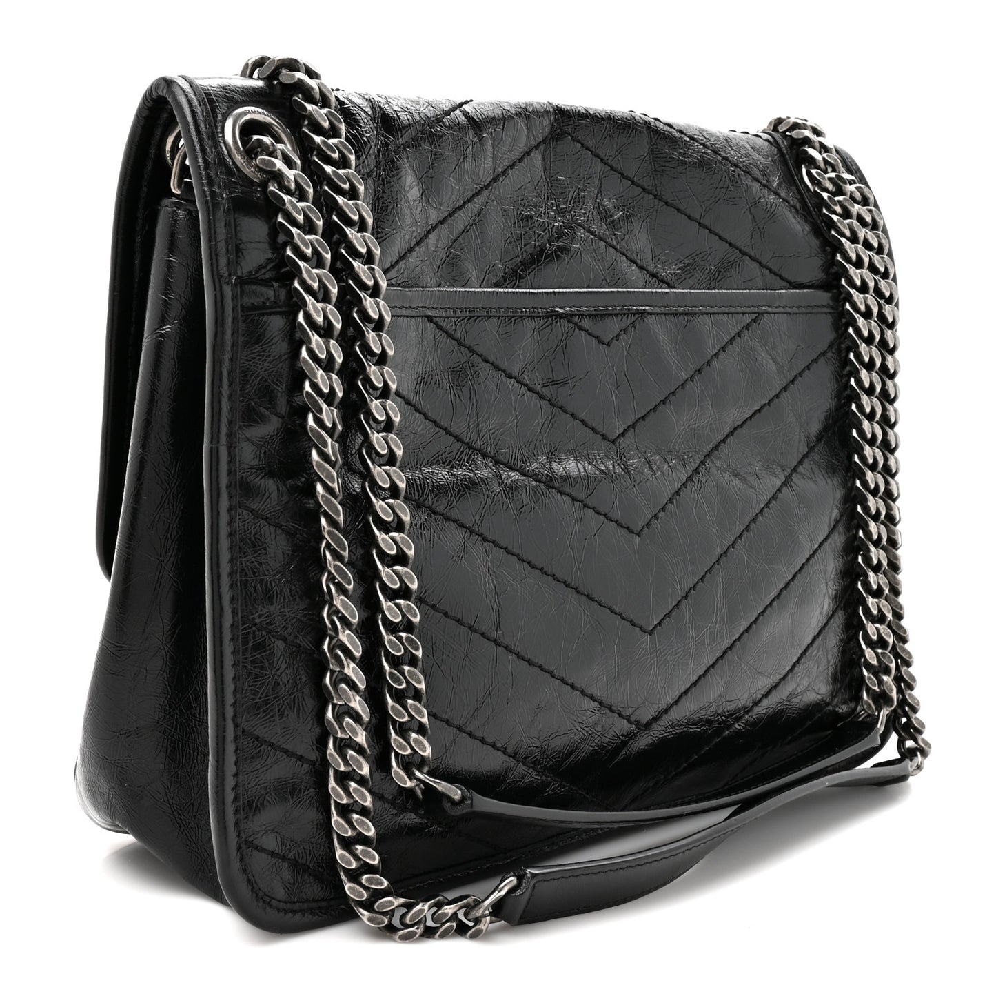 Crinkled Calfskin Matelasse Monogram Medium Niki Chain Satchel Black