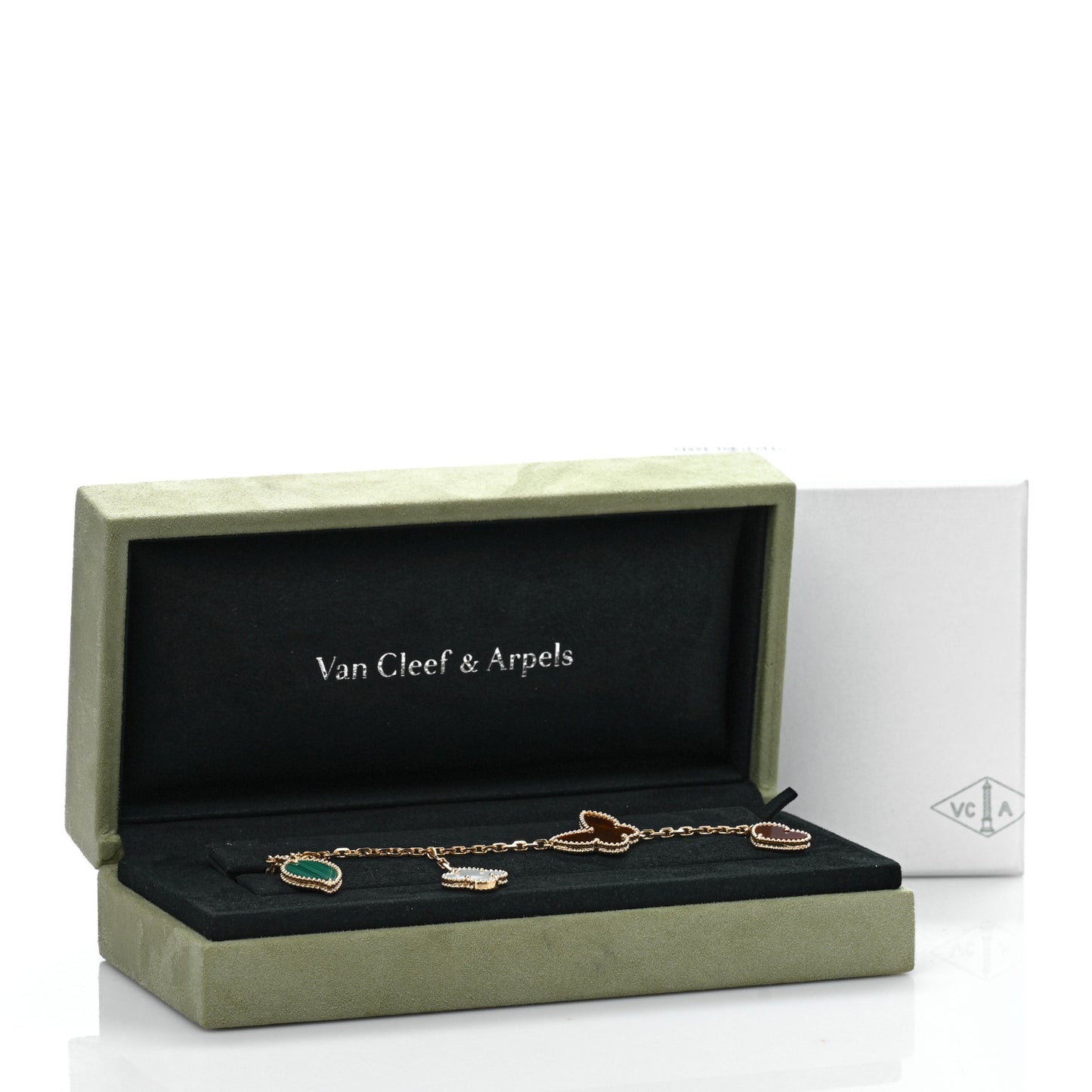 18K Yellow Gold Mother of Pearl Malachite Carnelian Tiger Eye 4 Motifs Lucky Alhambra Bracelet