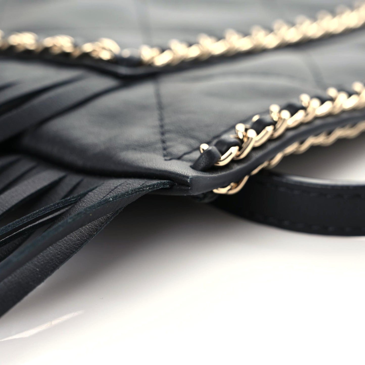 Calfskin Quilted Fringe Small Shopping Bag Black