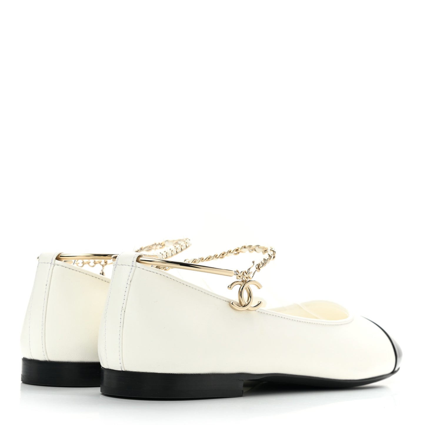 Lambskin Patent Calfskin Cap Toe Ankle Chain Ballerina Flats 39 White Black