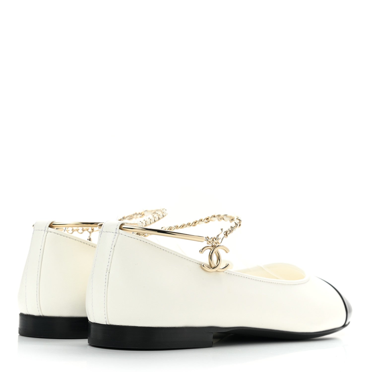 Chanel Lambskin Patent Calfskin Cap Toe Ankle Chain Ballerina Flats 39 White Black 4 of 10
