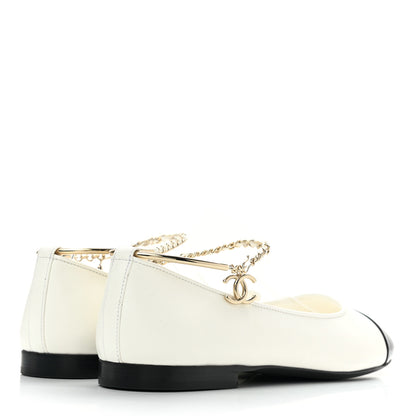 Chanel Lambskin Patent Calfskin Cap Toe Ankle Chain Ballerina Flats 39 White Black 4 of 10