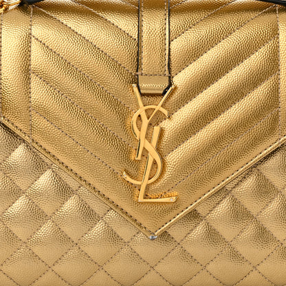 Saint Laurent Metallic Grain De Poudre Textured Mixed Matelasse Triquilt Medium Monogram Satchel Gold 7 of 9