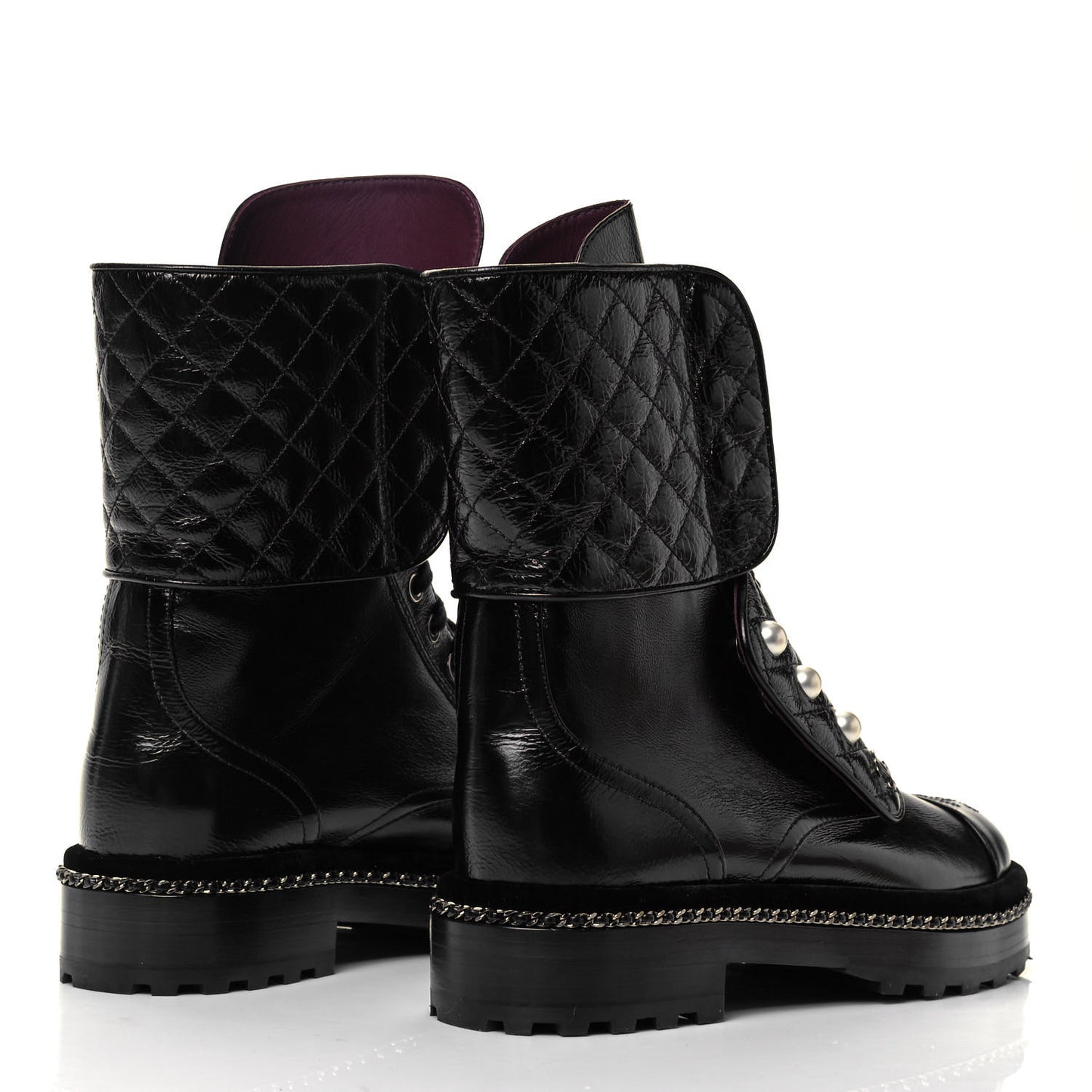 Crackled Calfskin Velvet Pearl Combat Boots 36 Black