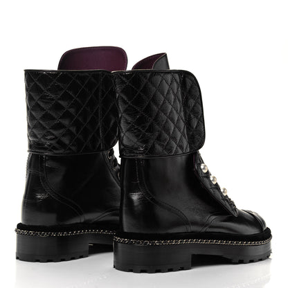 Chanel Crackled Calfskin Velvet Pearl Combat Boots 36 Black 4 of 7