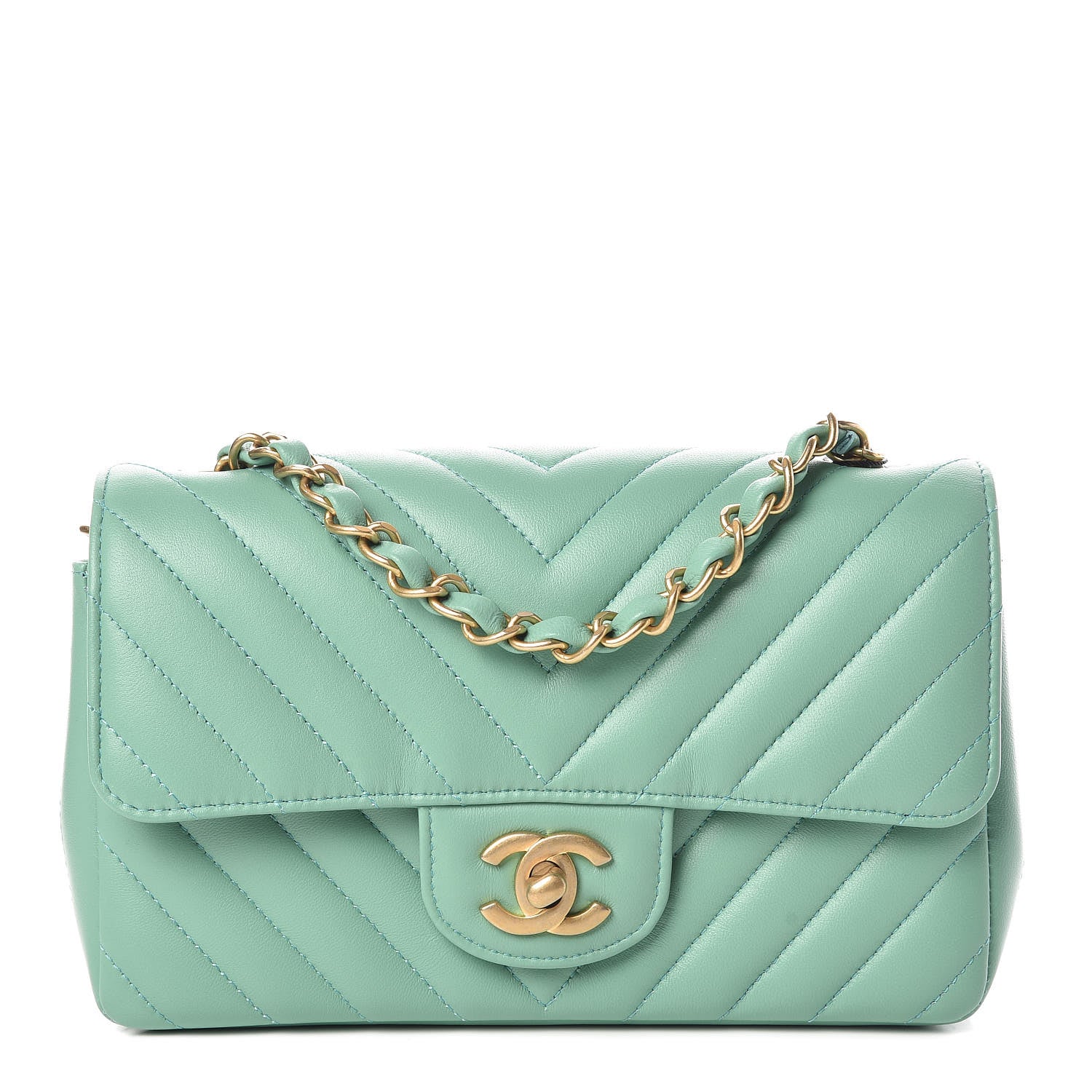 Chanel Lambskin Chevron Quilted Mini Rectangular Flap Light Green 1 of 10