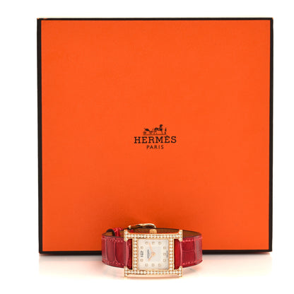 Hermes 18K Rose Gold Alligator Diamond Bezel Mother of Pearl 21mm Heure H Hour Quartz Watch Braise 5 of 5