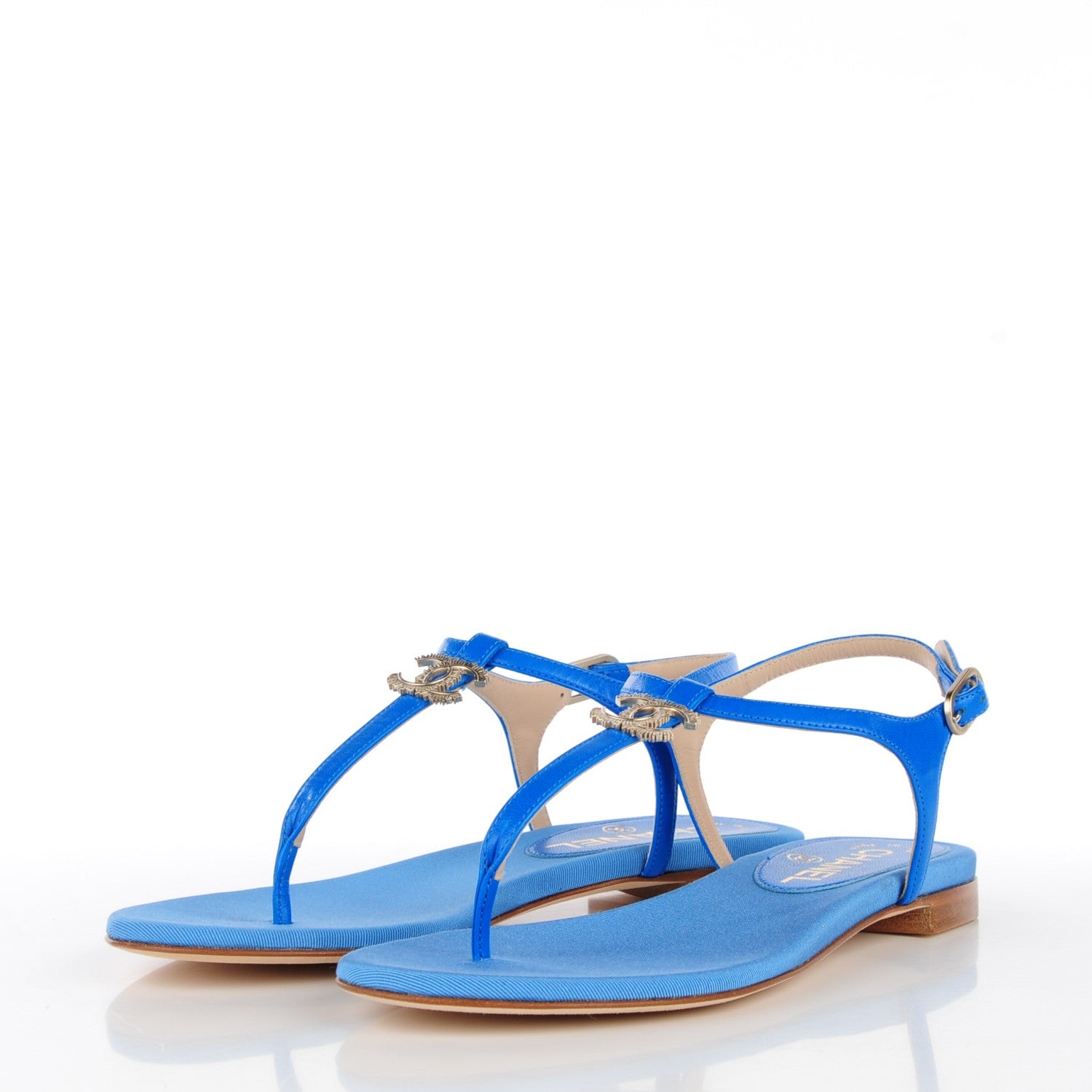 Chanel Shiny Kidskin CC Logo Thong Sandals 35 Blue 3 of 8