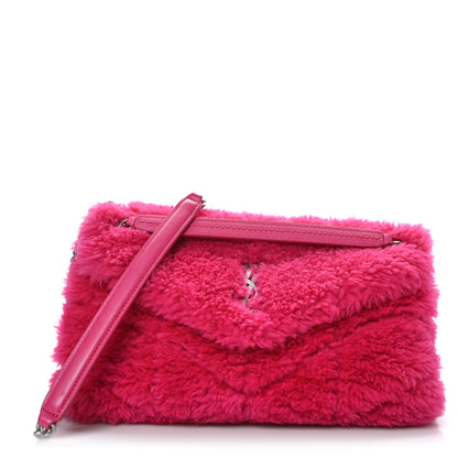 Saint Laurent Merino Shearling Lambskin Quilted Small Loulou Puffer Monogram Chain Satchel Fuchsia 1 of 8