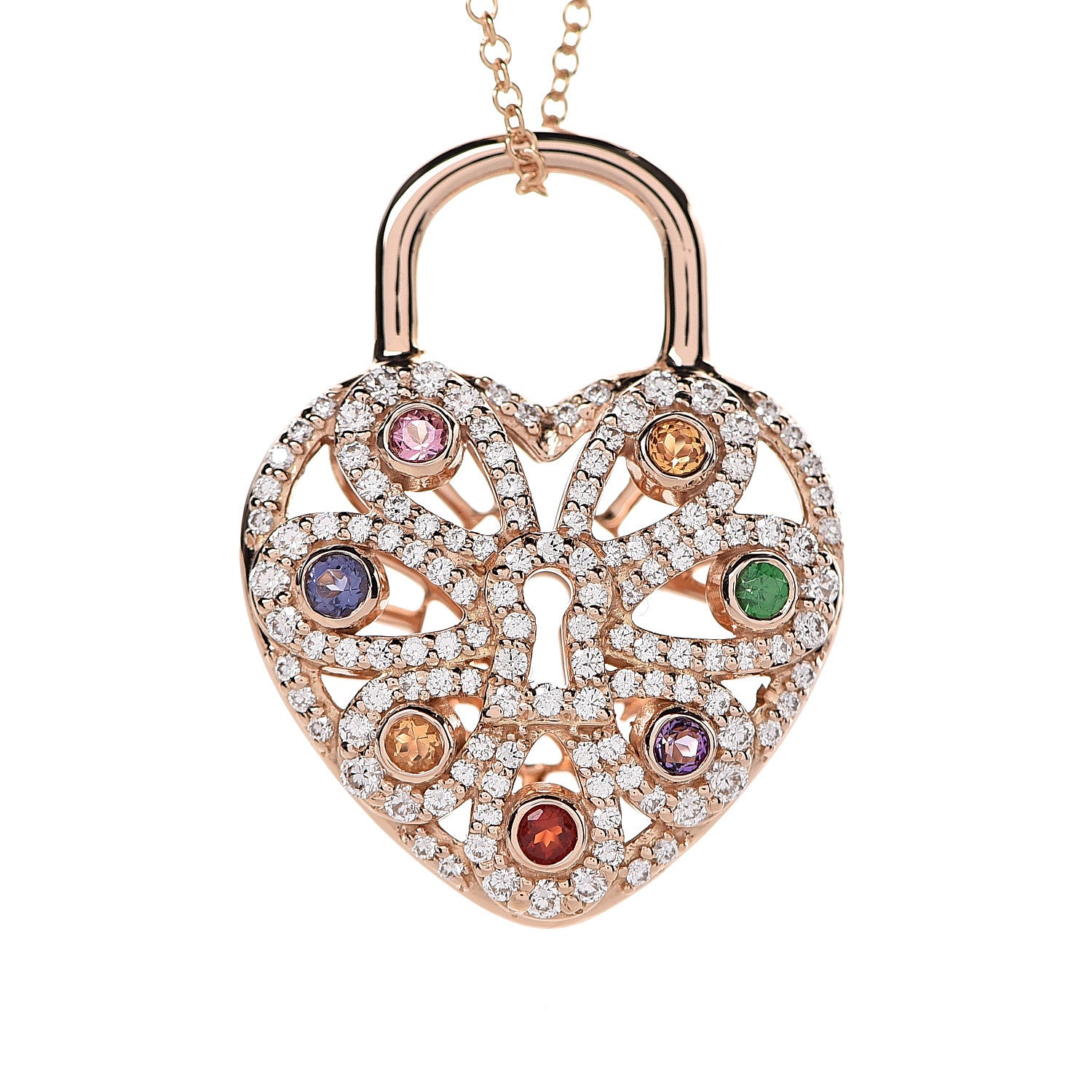 Tiffany 18K Rose Gold Diamond Multistone Filigree Heart Pendant Necklace 4 of 7