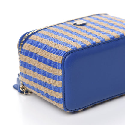 Chanel Raffia Jute Striped Small Vanity Case With Chain Blue Beige 6 of 11