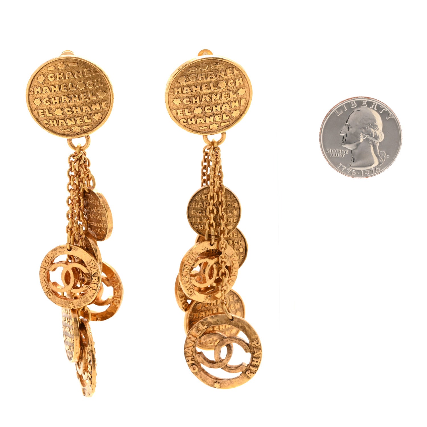 Chanel Hammered Medallion CC Dangle Clip On Earrings Gold 2 of 4