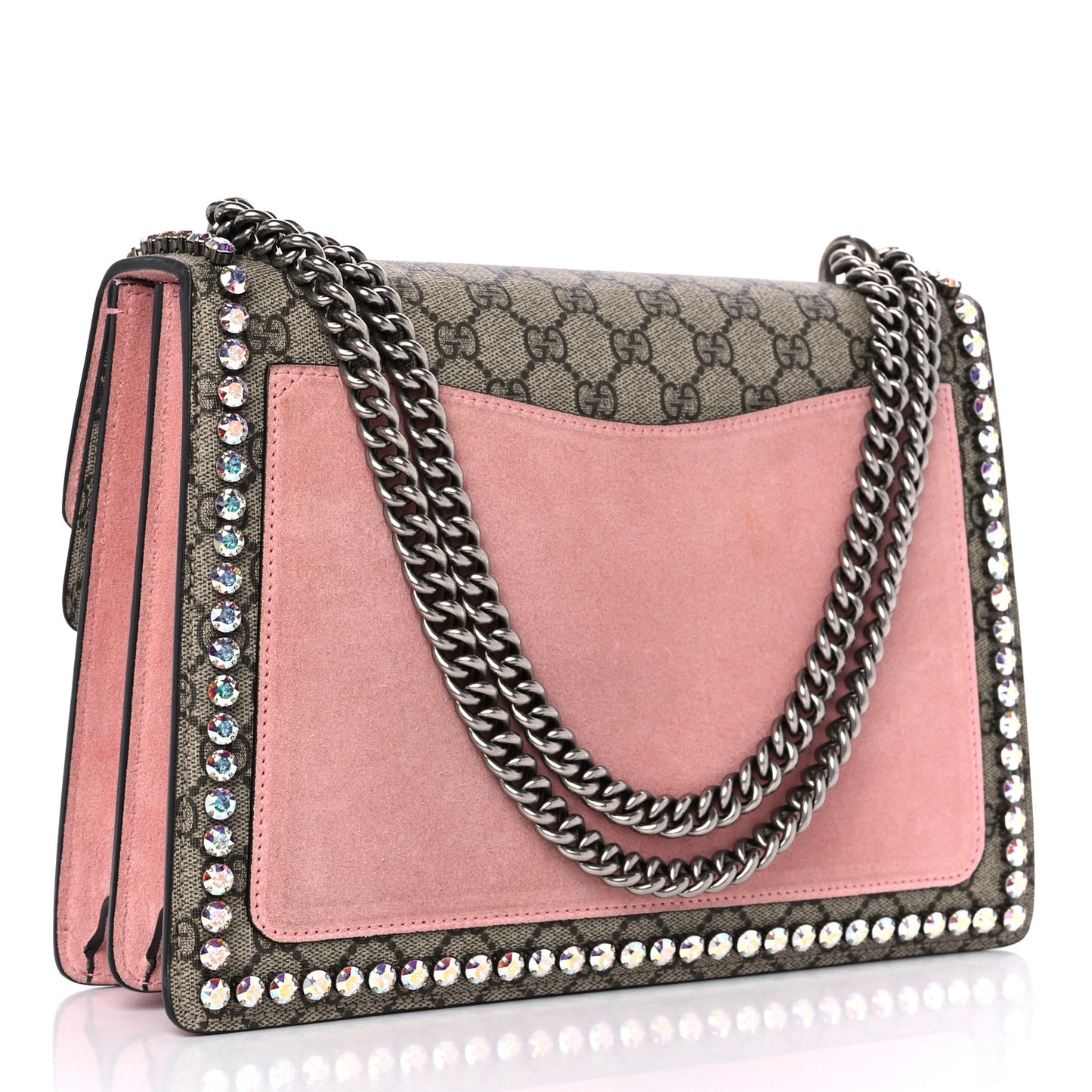GG Supreme Monogram Suede Crystal Medium Dionysus Shoulder Bag Beige Ebony Light Peonia