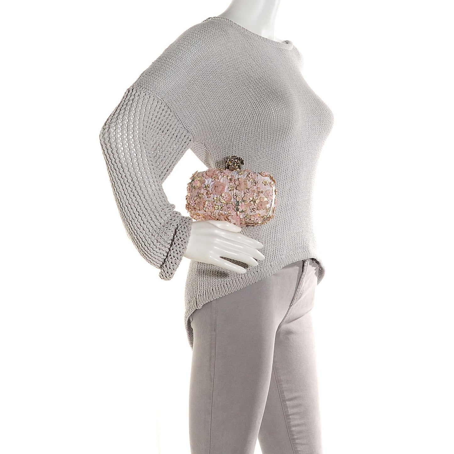 Flower Appliqued Silk Brocade Skull Box Clutch Pink