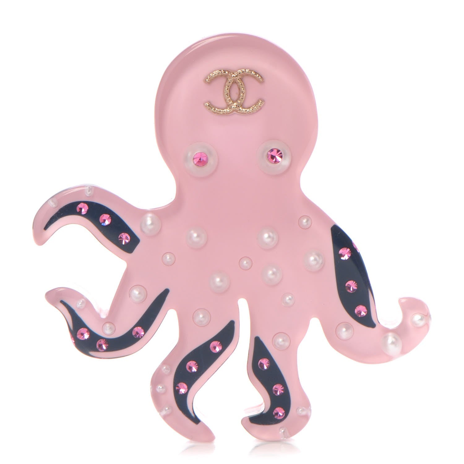 Chanel Metal Resin Strass Octopus CC Brooch Gold Pink Blue Pearly