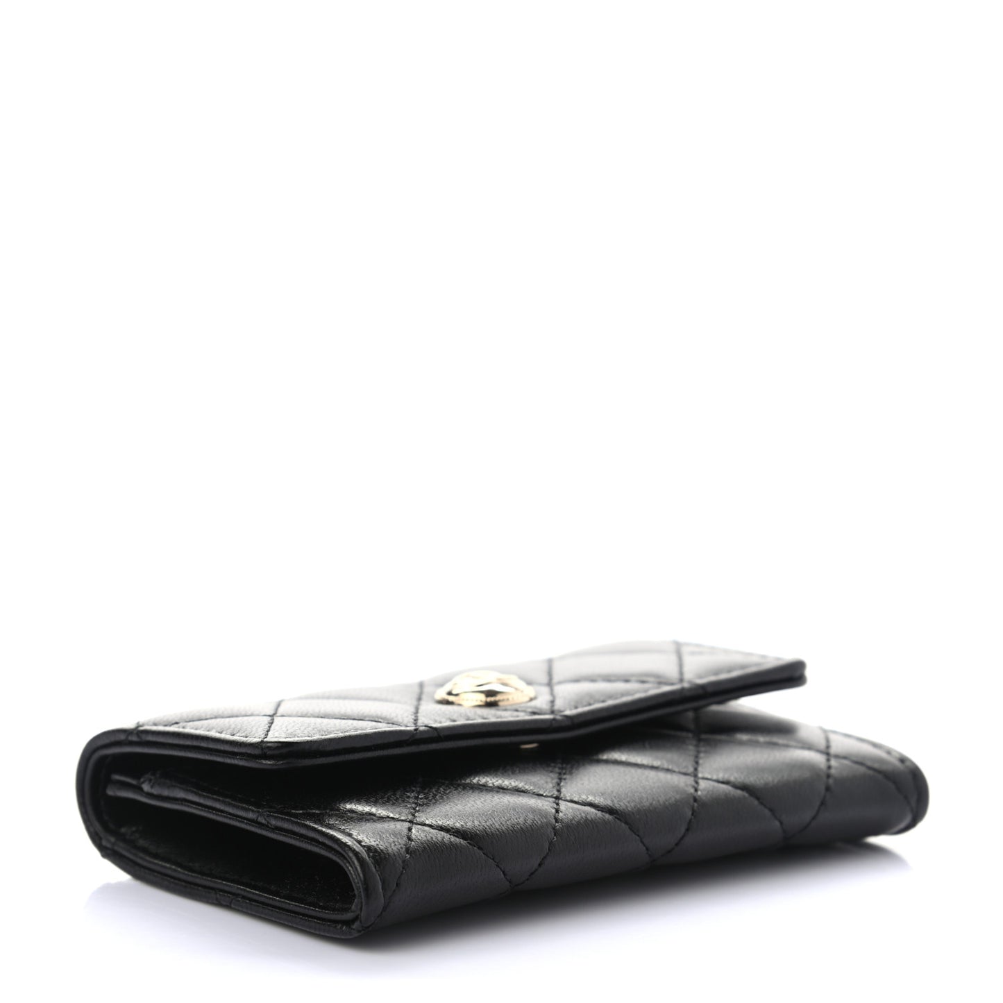 Lambskin Quilted CC Button Flap Card Holder Black