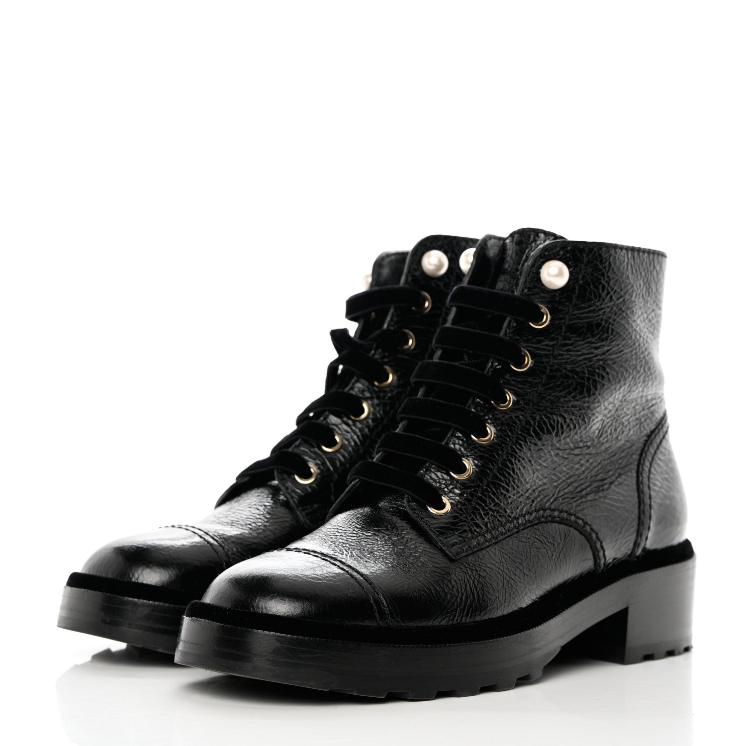 Chanel Shiny Calfskin Velvet Pearl Combat Short Boots 39 Black 3 of 8