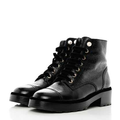 Chanel Shiny Calfskin Velvet Pearl Combat Short Boots 39 Black 3 of 8