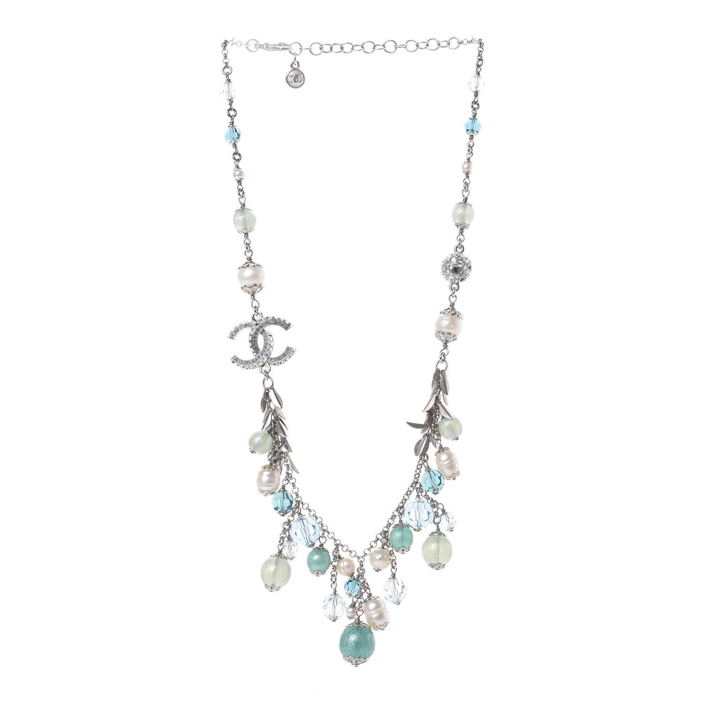 Pearl Crystal CC Beaded Short Necklace Silver Blue