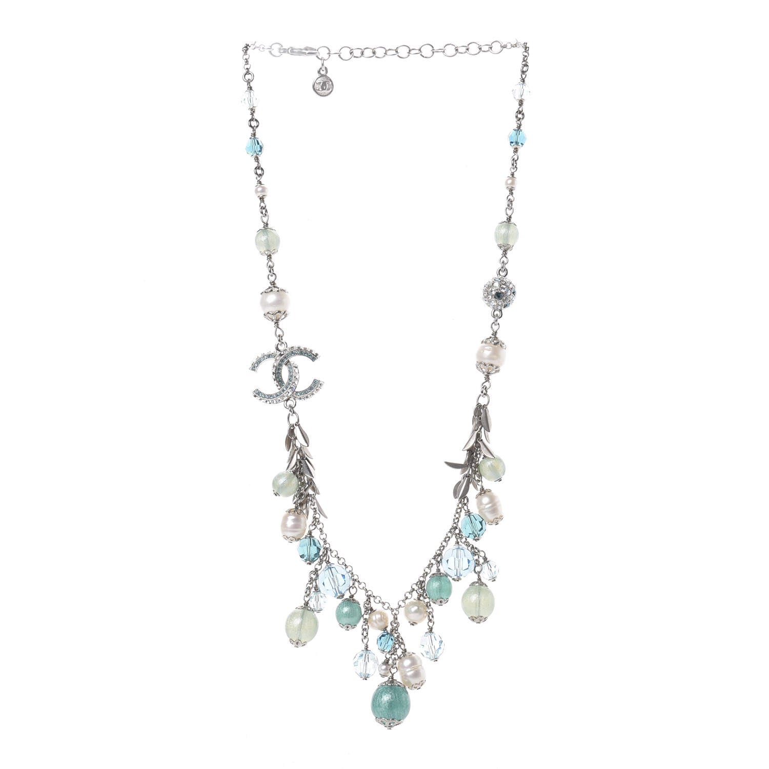 Chanel Pearl Crystal CC Beaded Short Necklace Silver Blue 3 of 5