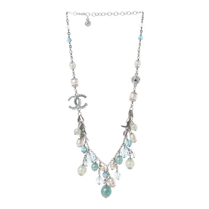 Chanel Pearl Crystal CC Beaded Short Necklace Silver Blue 3 of 5