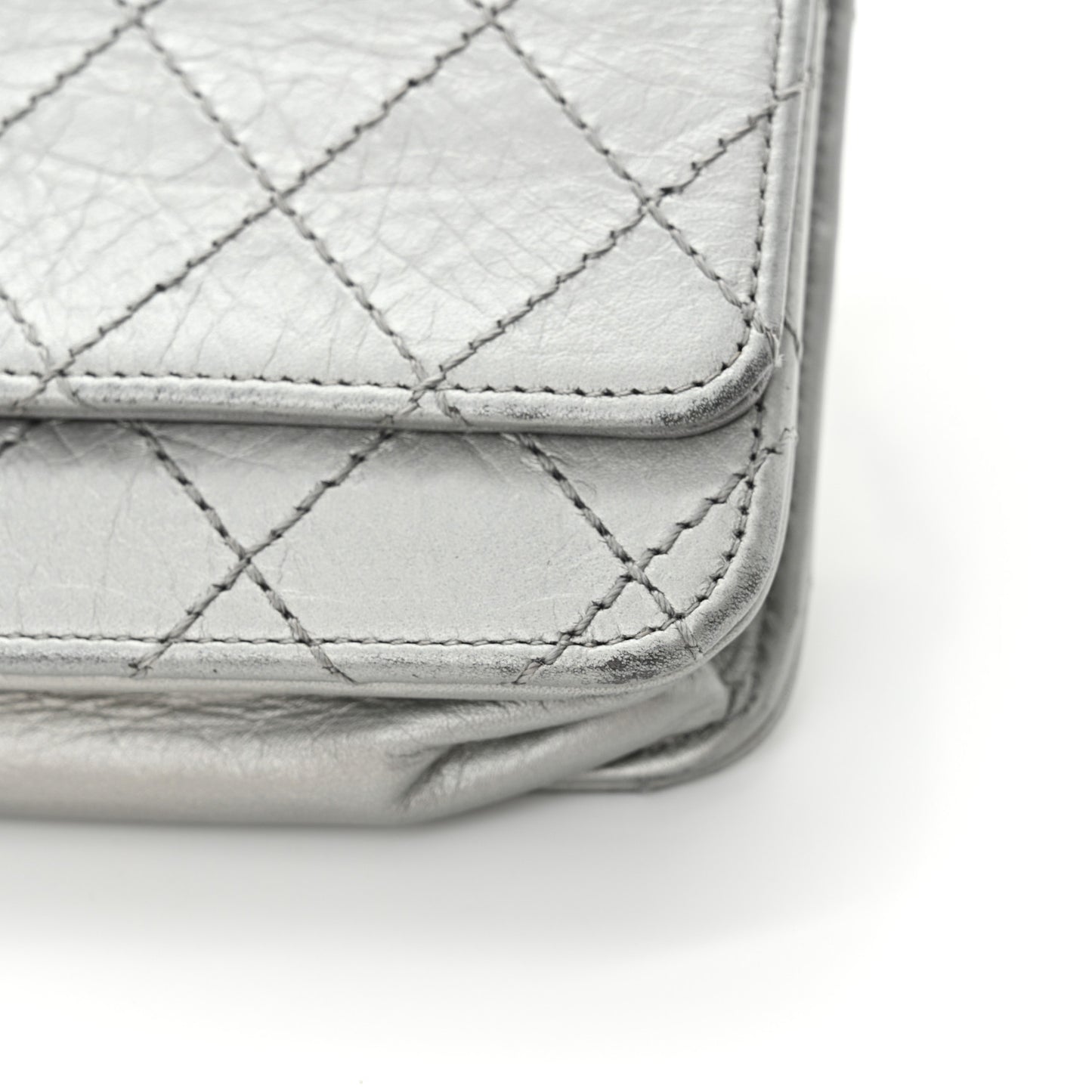 Metallic Aged Calfskin Quilted Reissue Wallet On Chain WOC Silver
