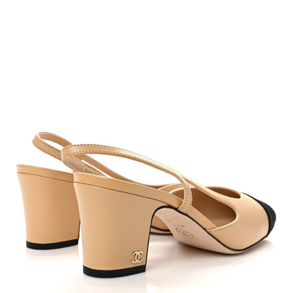 Chanel Goatskin Grosgrain Cap Toe CC Slingback Pumps 37 Beige Black 4 of 8
