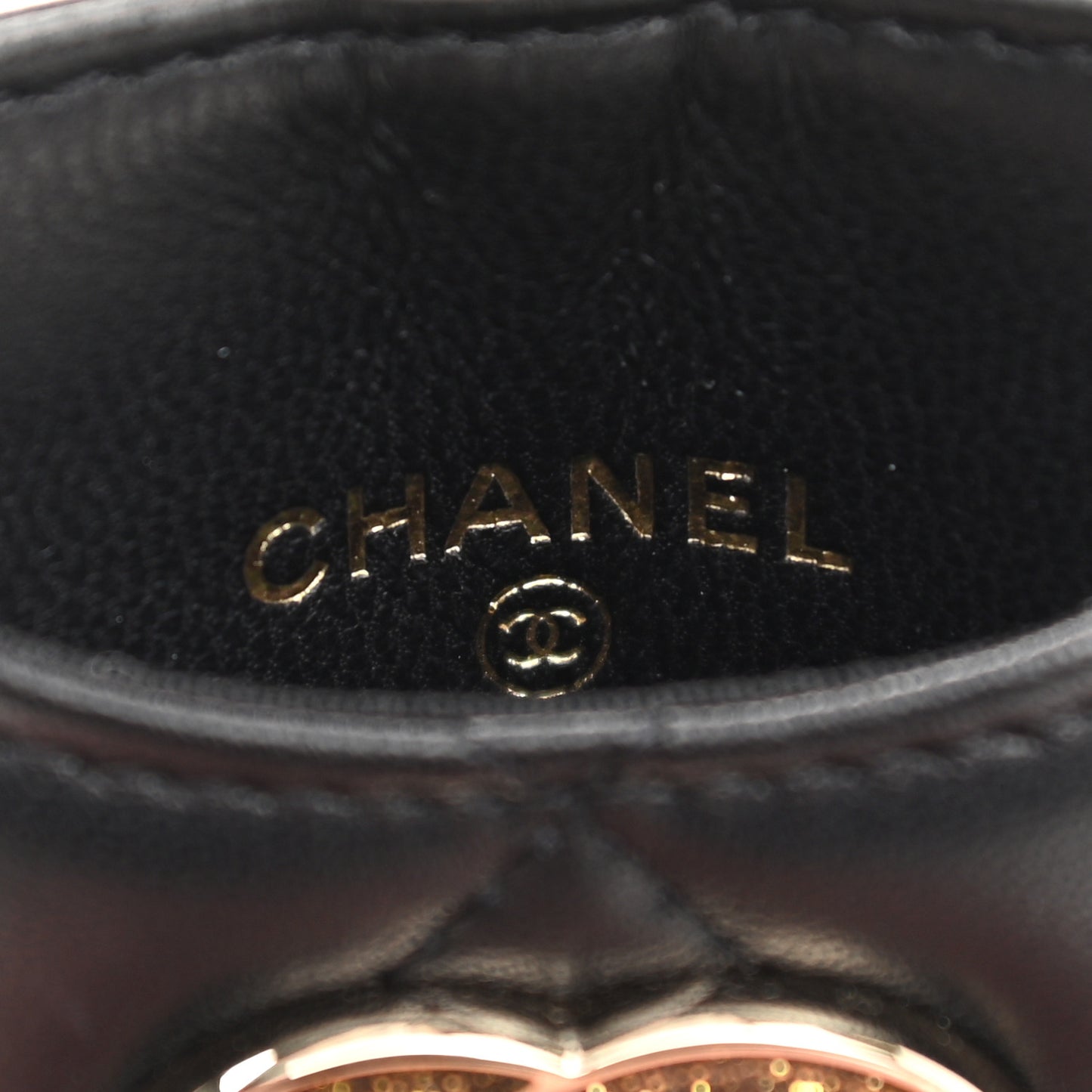 Lambskin Quilted Glitter Card Holder On Chain Black