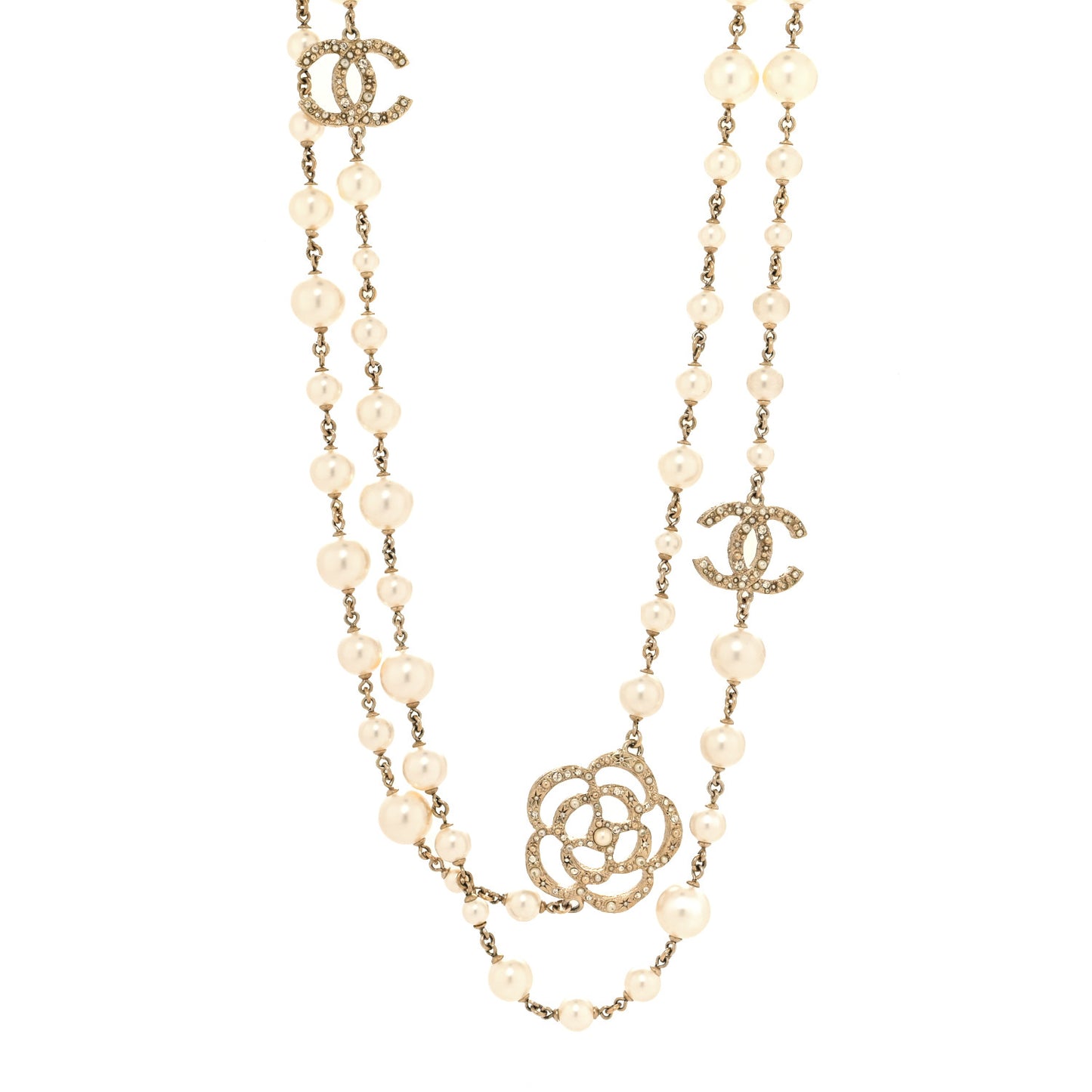 Pearl Crystal Camellia CC Necklace Gold